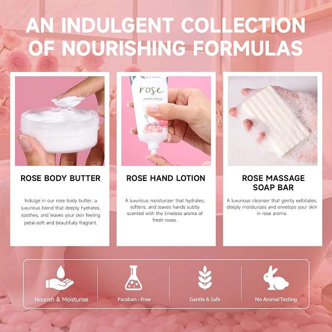 Bath and Body Gift Set for Women, Body & Earth 5 Pcs Rose Spa Gifts for Women, Self Care Kit, Lotion Set for Her, Birthday, Mothers Day Presents for Mom, Wife, girlfriend