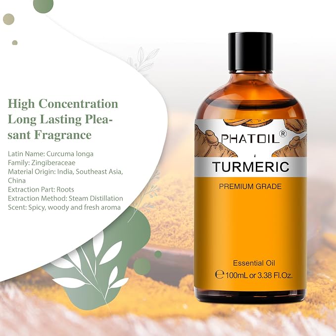 Turmeric 3.38fl.oz Essential Oil, PHATOIL Pure Aromatherapy Oils for Diffuser, Humidifier, Perfect for DIY Soap, Candle, Bath Bombs Making(100ml)