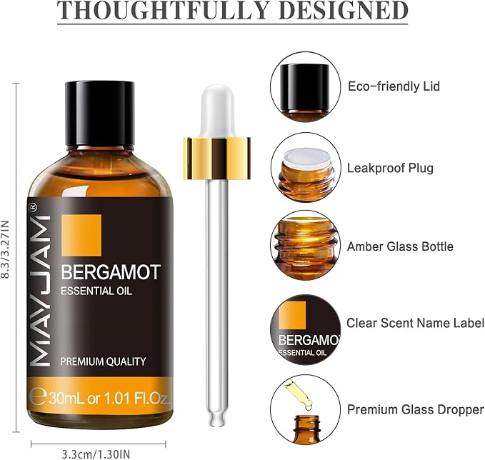 Bergamot Essential Oil 30ml/1.01fl.oz, MAYJAM Premium Bergamot Oils for Diffuser, Soap Making, Candle Making, Long Lasting Scents
