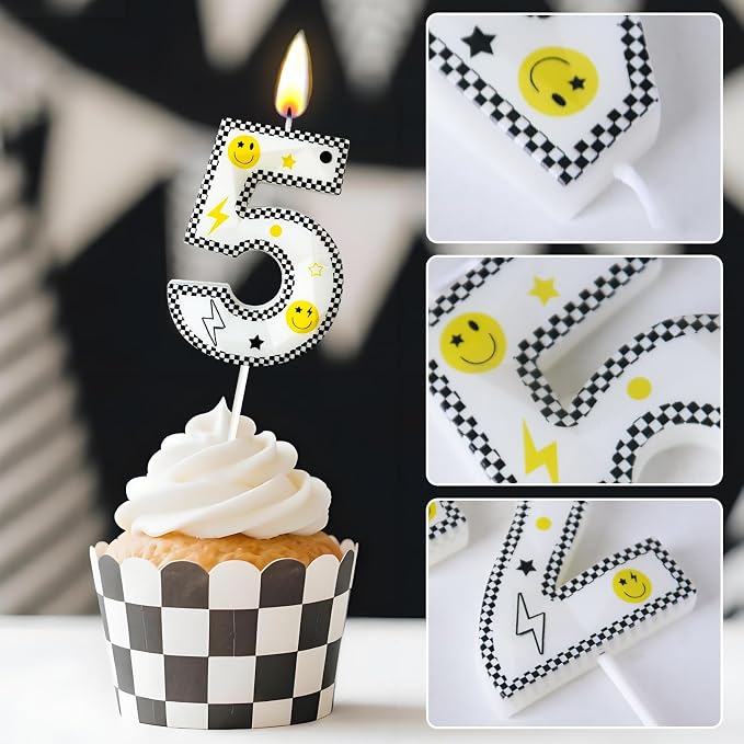 Number 5 Birthday Candle for Cake – 2.7 Inch Large Size Black White Checkered Smiley Design with Lightning & Star – five Happy Dude Theme Cake Topper Decoration