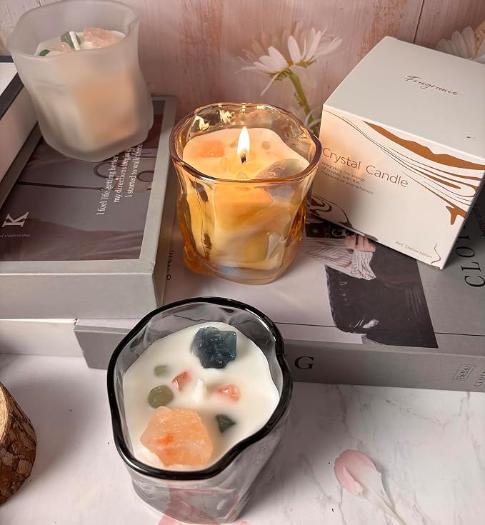Scented Soy Candles with Crystals Inside Aromatherapy Candle for Women Positivity Energy Gift Mothers Days Birthday Orange Floral Scent