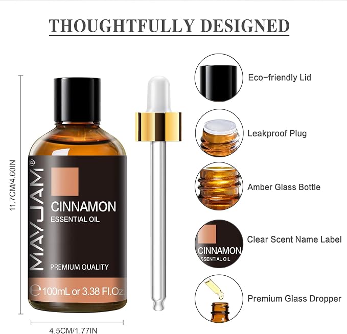 Cinnamon Essential Oil, MAYJAM Pure Essential Oils, 3.38FL.OZ Cinnamon Oil, Perfect for Diffusers Aromatherapy