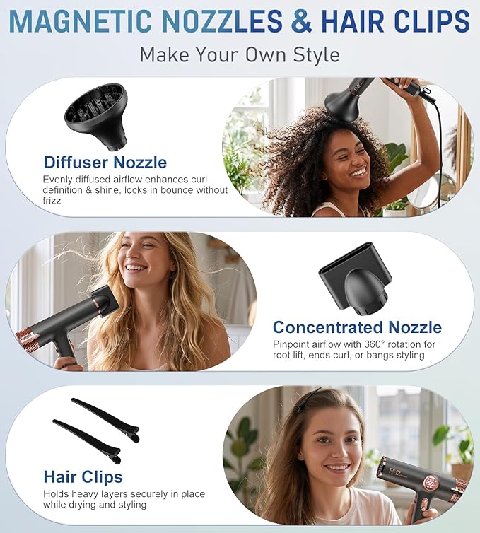 FMZ Professional Ionic Hair Blow Dryer Smart Display with Diffuser, 1875W High Speed Powerful BLDC Motor for Fast Drying, Mini Portable Lightweight Quiet, Curly Hairdryer for Men Women Salon Travel