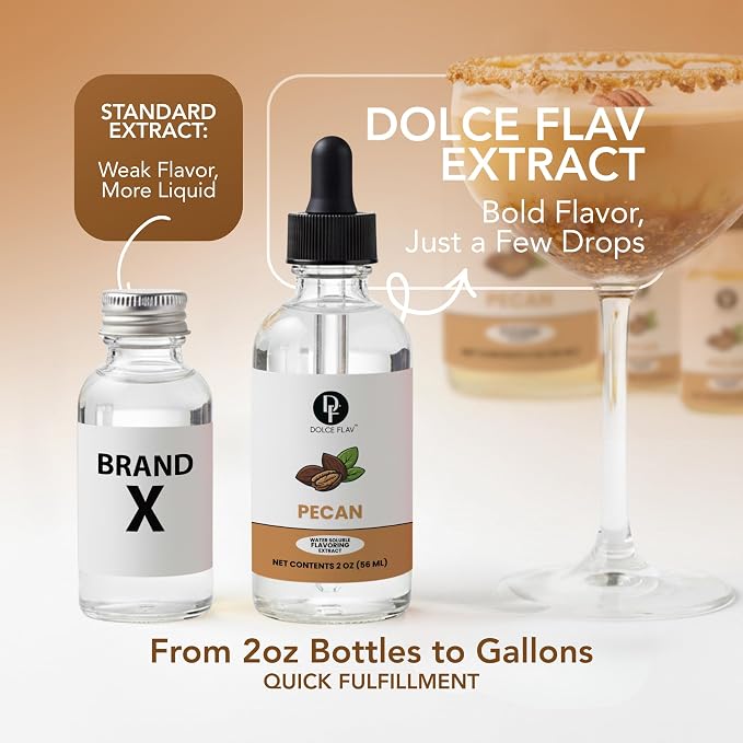 Dolce Flav Natural Pecan Extract – Concentrated Flavoring for Baking, Candy Making & Beverages – Water Soluble Liquid Flavor Drops – Professional Strength Food Grade Flavoring – 2 Fl Oz