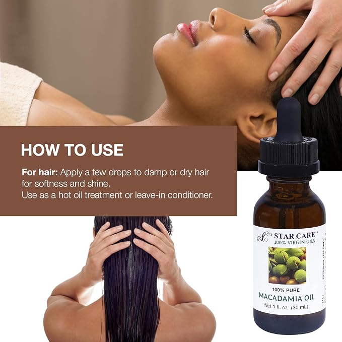 100% Pure Macadamia Oil 1 oz (30ml) Premium Virgin Macadamia Nut Oil for Hair Skin Face Nails Deeply Moisturizing Fast-Absorbing Carrier Oil with Dropper