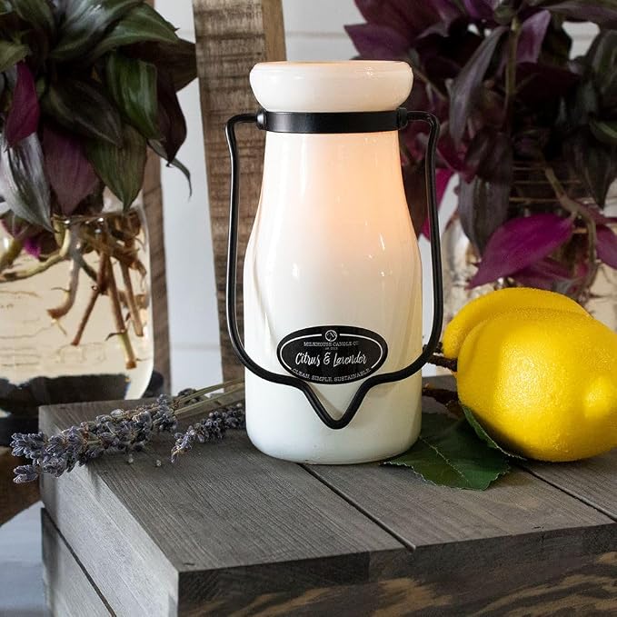 Milkhouse Candle Company Citrus & Lavender Soy Candle - Tart Citrus | Lavender Buds | Soft Herbal Undertones Scented - 14 oz Milkbottle with Lid, 90+ Hour Burn Time, Made in the USA