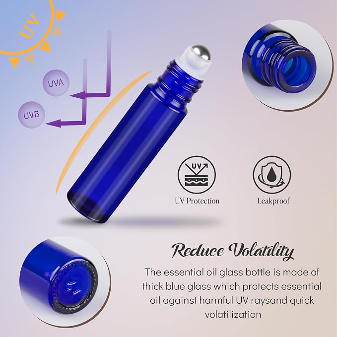 10ml Roller Bottles for Essential Oils, 6 Pack Cobalt Blue Thick Glass Bottles with Stainless Steel Roller Balls and 2 Droppers