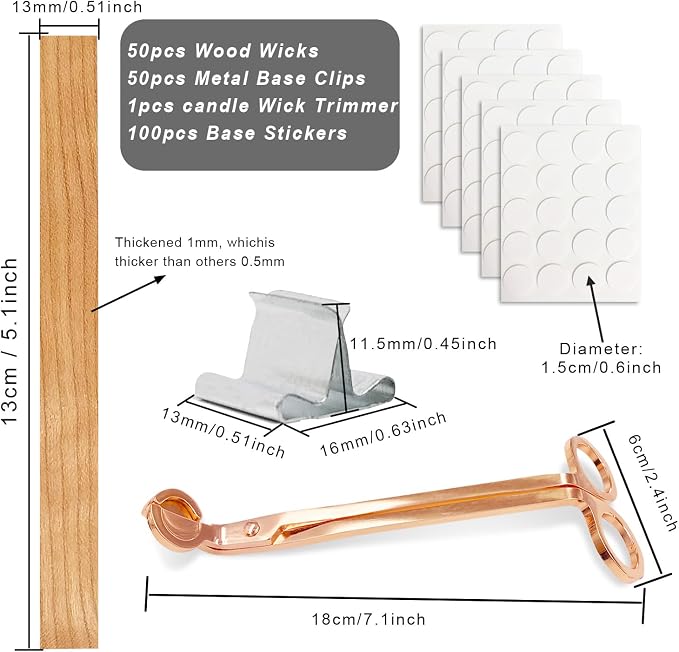 Wood Wicks for Candles Making, 100pcs Wood Candle Wicks, Include 50pcs 5.1 X 0.5 Inch Candle Making Wicks and 50pcs Iron Stand Naturally Smokeless,Wooden Candle Wicks with Rose Gold Trimmer for DIY.
