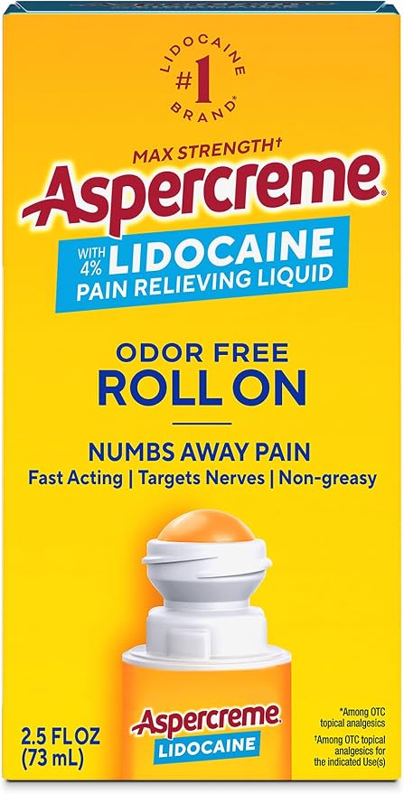 Aspercreme Lidocaine Pain Relief Liquid with No-Mess Roll-On Applicator, Max-Strength 4% Lidocaine Numbs Away Nerve Pain, Moisturizing Aloe Hydrates Dry Skin, 2.5 FL oz