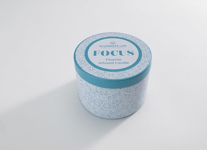 Luxury Candle Tin, 4 OZ, Focus - Fluorite Crystal Infused - Scents of Orange, Ginger, Ylang-ylang, & Lavender - Awareness, Mental Order, & Clarity - Coconut Wax Blend, Essential Oils