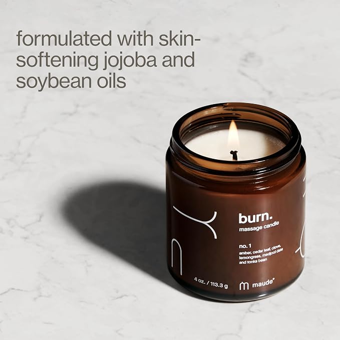 Maude Burn, Corner Office (No. 1) - Hydrating + Skin-Softening Soybean + Jojoba Oil Massage Candle - Soothing Massage Oil, Notes of Amber, Lemongrass + Tonka Bean - Relaxing Self Care Gifts (4 oz)