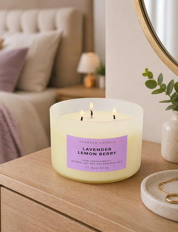 Lavender Lemon Berry Scented Candle | 3-Wick Large Soy Candle 15.8 oz | Highly Scented Aromatherapy Lavender Candle for Women | Calming Floral Lemon Home Scent | Long Lasting Clean Burn