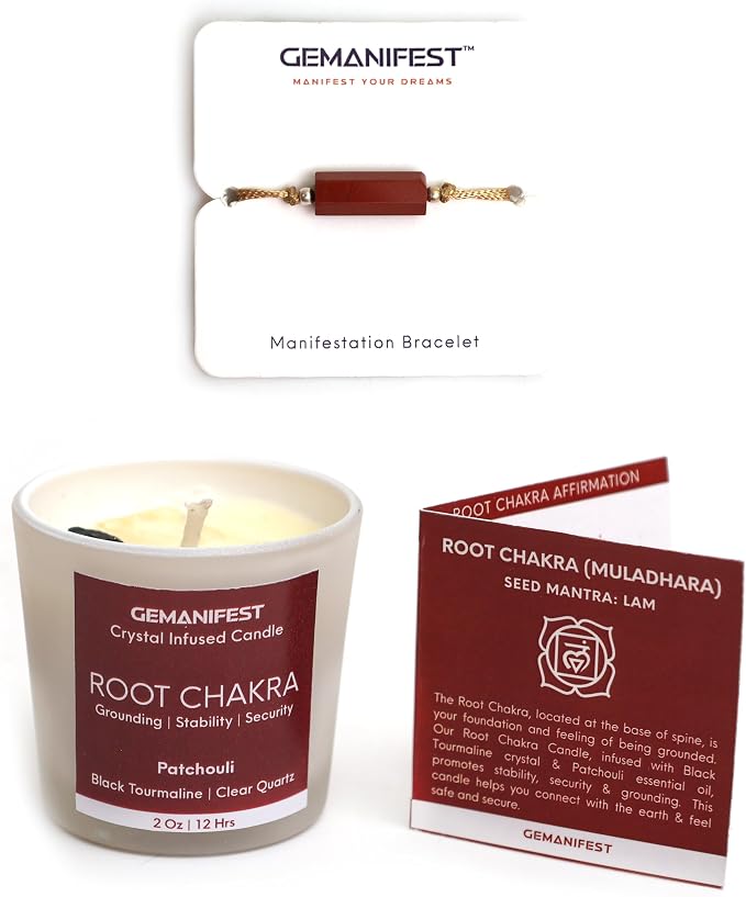 Root Chakra Meditation Candle with Red Jasper Energy Healing Bracelet Patchouli Crystal Candles for Protection Stability and Grounding Best Spiritual Meditation Gifts for Women and Men
