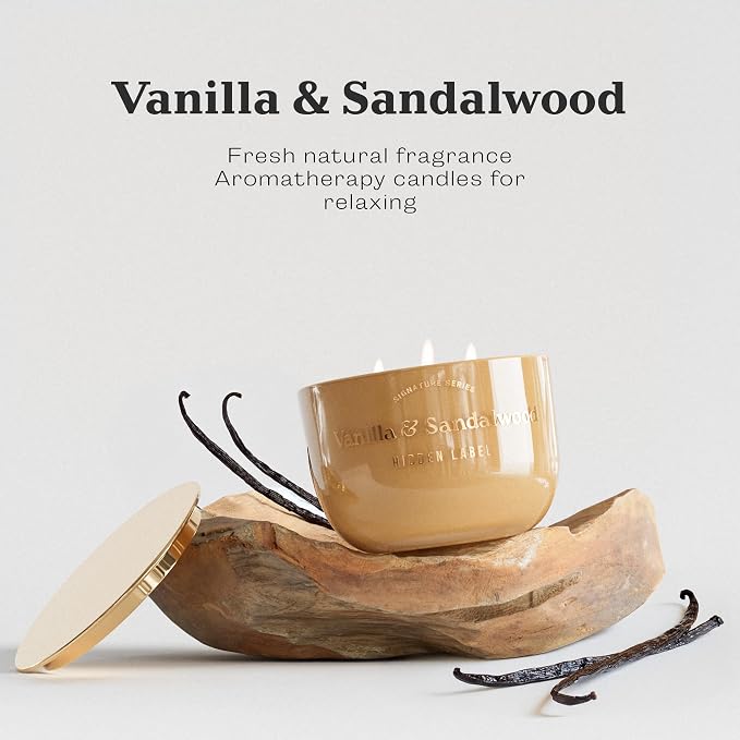 Hidden Label Vanilla Sandalwood Scented Candle, 18oz Large 3 Wick Natural Soy Wax Candle, 70 Hours Burn Time Non Toxic Aromatherapy Candle for Home, Luxury Home Décor & Gift for Women