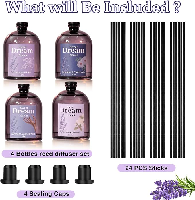 STRN Reed Diffuser Sets, Lavender Scented Oil Diffuser, Fragrance Reed Diffuser with 24 Sticks, 6.8 Fl.oz (200ml), 4 Scents Long-Lasting Air Freshener for Bedroom Bathroom Home Décor