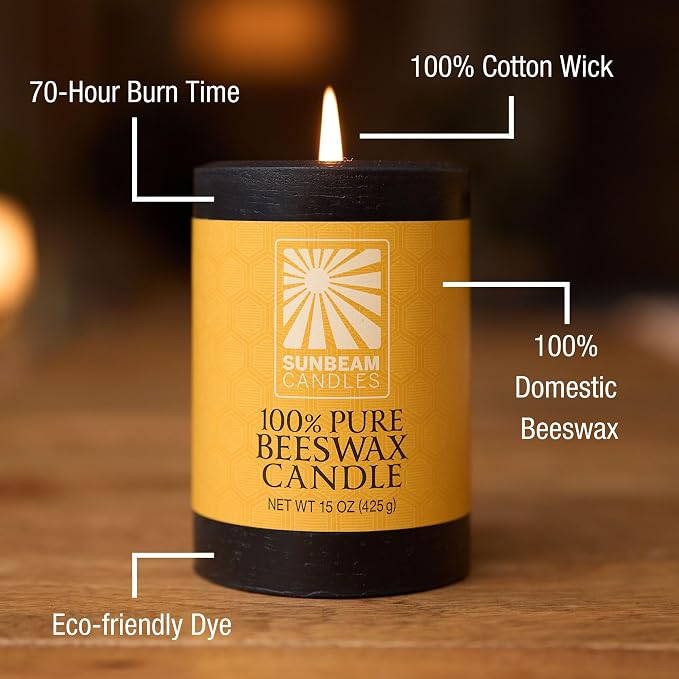 Sunbeam Candles 100% Pure Beeswax Pillar Candles | Long Burning All Natural Non-Toxic Beeswax Candles | Made in USA (Smooth, Midnight Black, 3"x4.25")