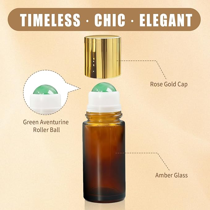 Green Aventurine Roller Bottles for Essential Oils, 50ml Refillable Amber Glass Roll On Bottles with Natural Crystal Roller Balls, Leak-Proof Travel Perfume Bottle with Gold Caps