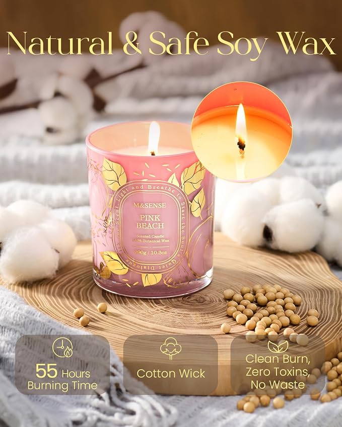 M&SENSE Pink Beach Soy Candle, Tropical Vacation Summer Relax Gift | 55H Clean Soy Wax Long Lasting, Bathtub Beach Escape, Non-Toxic Summer Safe, Reusable Pink Matte Jar