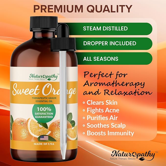 Naturopathy Sweet Orange Essential Oil Therapeutic Grade Premium Quality Oil with Glass Dropper - Huge 4 fl. Oz - Perfect for Aromatherapy and Relaxation