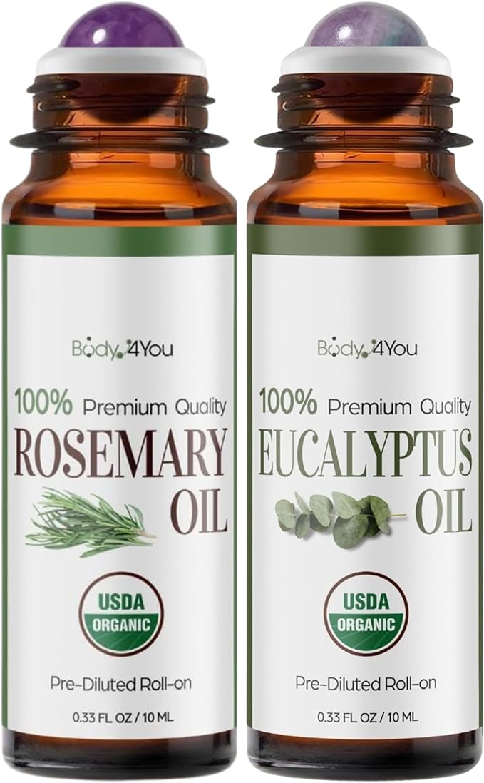 BodyJ4You Rosemary + Eucalyptus Essential Oil Roll On Duo - Pure 100% USDA Organic MCT Coconut Oil - Amethyst and Fluorite Stone Rollers - Scalp Massage Focus Breathwork Cooling Temples Chest Wrist -