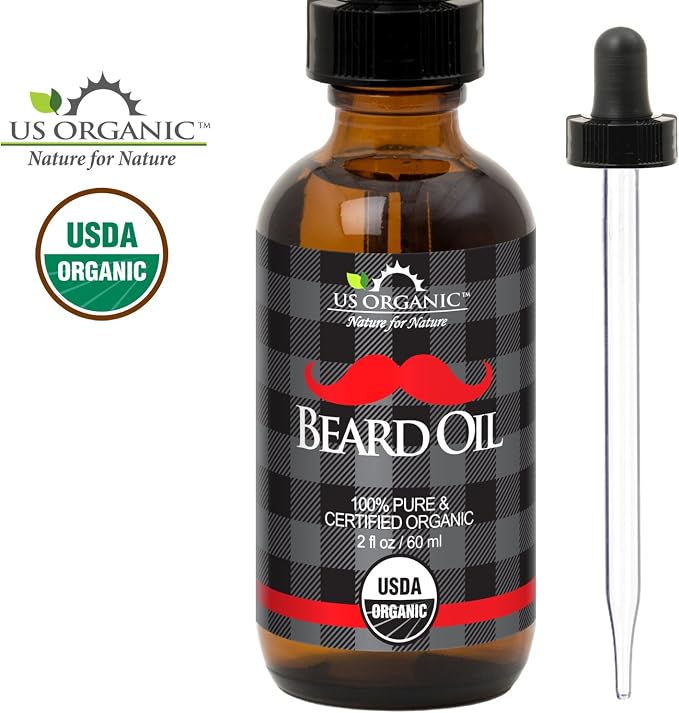 US Organic Beard Oil, 100% Pure, USDA Certified, Softens, shine, moisturizes, Amber Glass Bottle with Eye Dropper, 2 Ounce