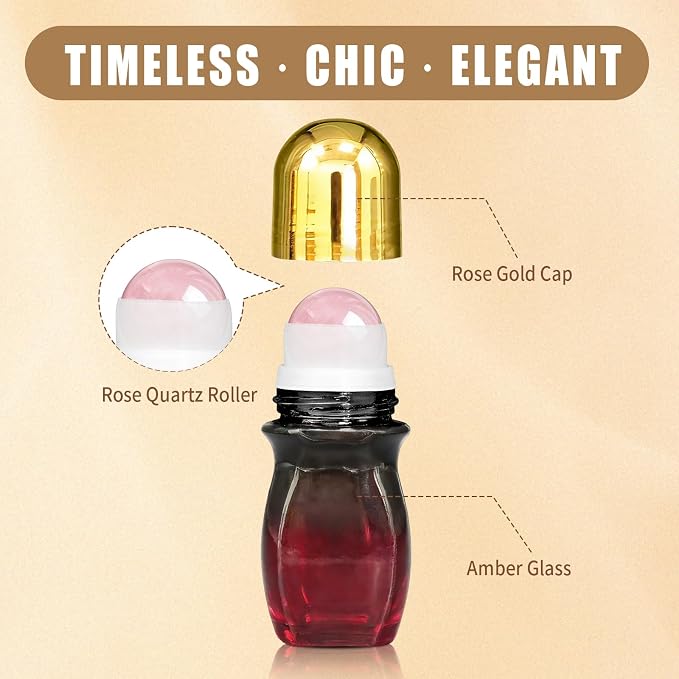 Rose Quartz Roller Waisted Bottles for Essential Oils,50ml Refillable Amber Glass Roll On Bottles with Natural Crystal Roller Balls, Leak-Proof Travel Perfume Bottle with Gold Caps