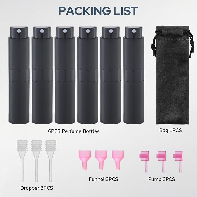 Lulupack Travel Perfume Bottle Refillable - Cologne Spray Atomizer Mini - Small Travel Size Empty Sprayer for Refill Sample Container - Portable Fragrance Decant Dispenser for Women Men 8ml 6PCS Black