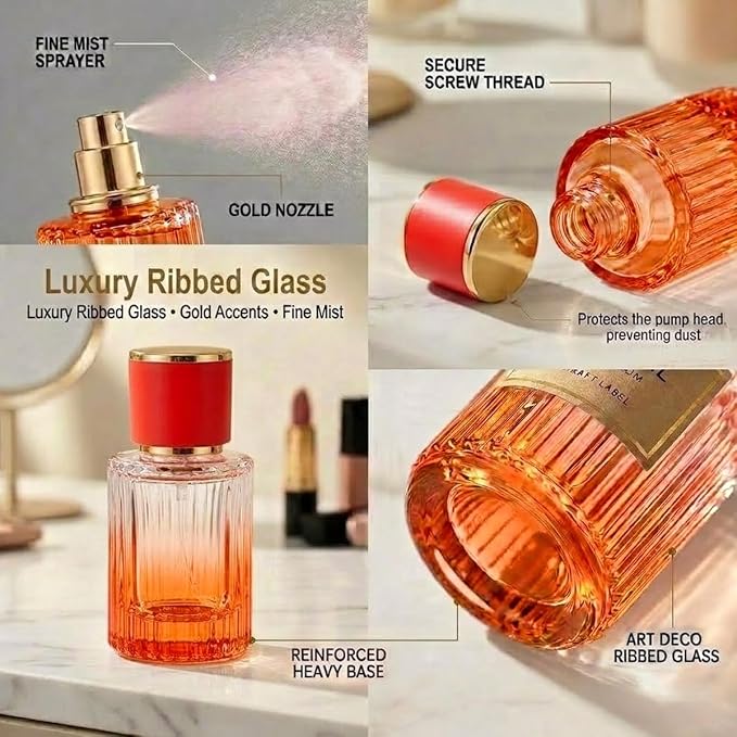Empty Perfume Spray Bottles Set, Ribbed Glass Atomizer Refillable Portable Glass Atomizers with Funnel and Dropper, Fine Mist Spray for Women Men Dispenser Fragrance Container Set (6Pcs, Red)
