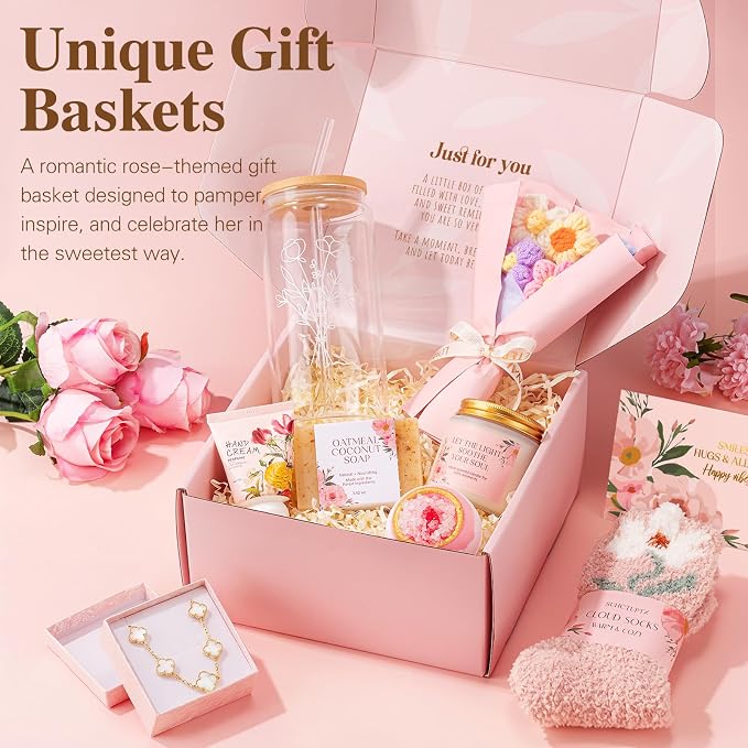 Gifts for Women, 9pcs Happy Birthday Gifts for Women, Christmas Ideas Mothers Day Gift Baskets Unique Rose Self Care Set Valentines Day Gift for Her Mom Sister Wife Friend Friendship Teacher