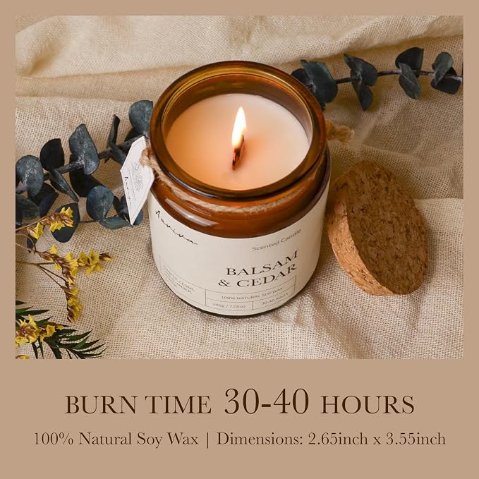 Scented Candle, 7.05 oz Balsam Cedar Aromatherapy Candle, Natural Soy Wax with Wooden Wick, Candles for Home Scented, Stress Relief Amber Jar Candle Gifts
