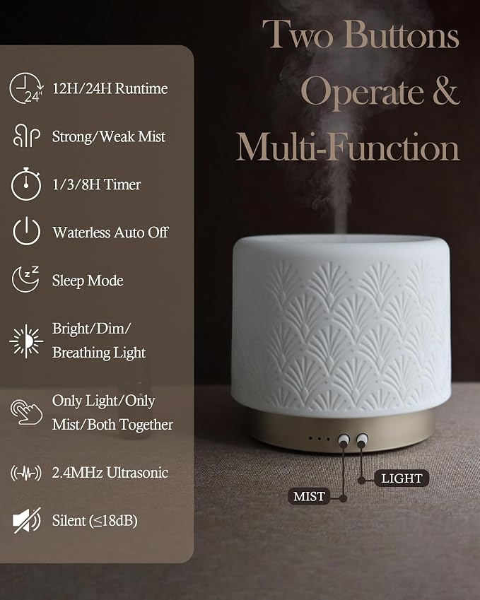 Essential Oil Diffuser - 280ml Ceramic Diffuser for Large Room & Commercial Use, 2.4MHz Aromatherapy Diffuser with Cool Mist Humidifier & Night Light, Ideal for Bedroom, Office, Yoga, Spa, Gifts