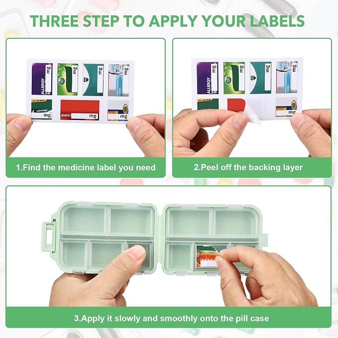 Travel Medicine Organizer with 189 Labels, 7 Day Daily Pill Organizer Travel Pill Container Medicine Organizer Pill Case Travel (Green, 1 Pack)