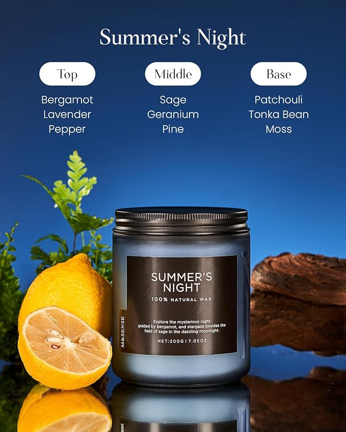 M&SENSE Summer's Night Scented Candles for Home, 7.05oz Natural Soy Wax, 50 Hours Slow Burning, Organic Non Toxic Clean Burn, Aromatherapy Candle for Spa Meditation, Romantic Smelling for Men Women