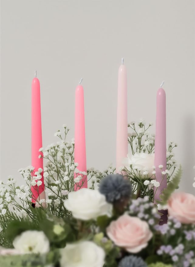 10" Classic Taper Candles, Muted Pink Shades, 4-Pack, 7-8 Hours Long Burning, Unscented Tall Candlesticks