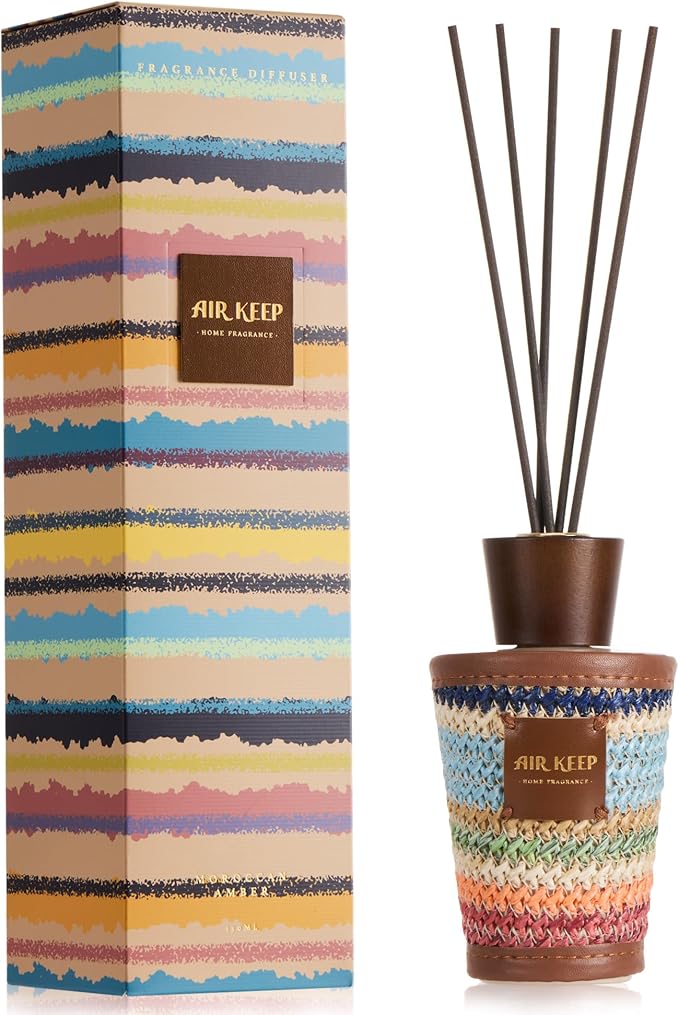 Airkeep Reed Diffuser Set, Moroccan Amber 5.1 fl oz (150 ml), Long Lasting Home Fragrance with Reed Diffuser Sticks, Boho Decorative Room Diffuser for Bathroom, Bedroom, Living Room & Office