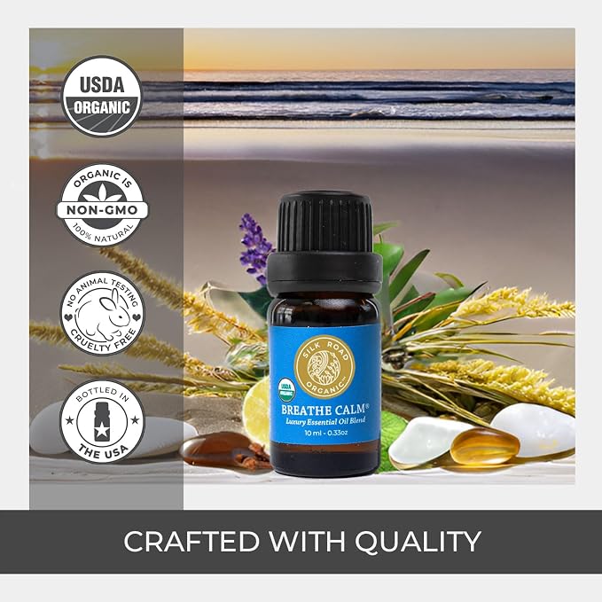 Silk Road Organic Breathe Calm Essential Oil Breathe Easy Blend for Cold, Cough, Congestion, Sinus & Allergy Support – USDA Certified Aromatherapy undiluted 10 ml Dropper
