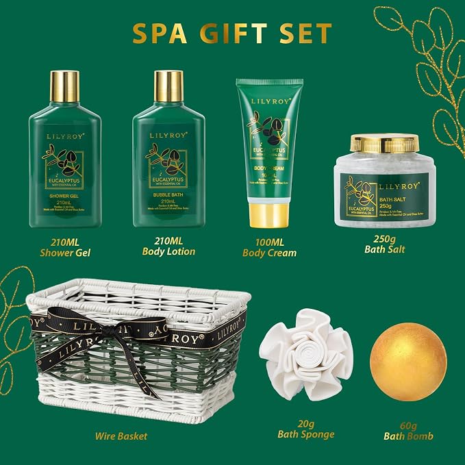 Fathers Day Gifts for Men, Gifts for Women, Eucalyptus Mothers Day Gift Basket for Mom - Pampering Bath and Body Spa Gift Basket for Women & Men, Gift Set | Christmas, Birthday, Valentines Day