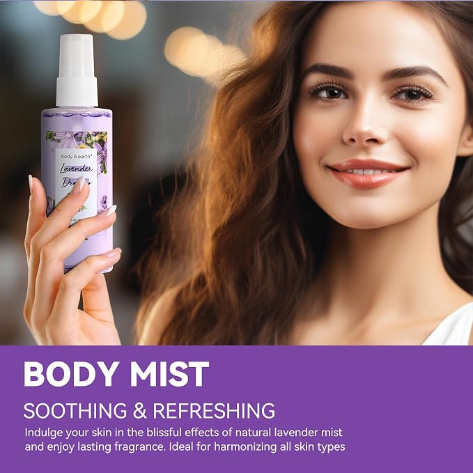 BODY & EARTH Body Mist Gift Set - Spa Gifts for Women, Perfume, Body Lotion, and Body Scrub in a Lavender Dreams Box- Perfect Birthday Gifts for Moms, and Special Occasions,Unique Gift Ideas for Her