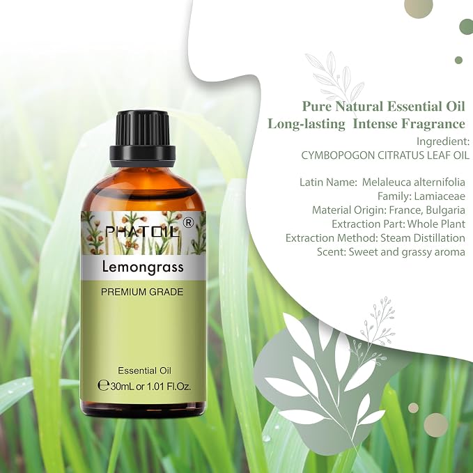 Lemongrass Essential Oil 1.01fl.oz/30ml, PHATOIL Lemongrass Oils Long Lasting Scents for Aromatherapy, Diffuser, DIY Soap and Candle Making
