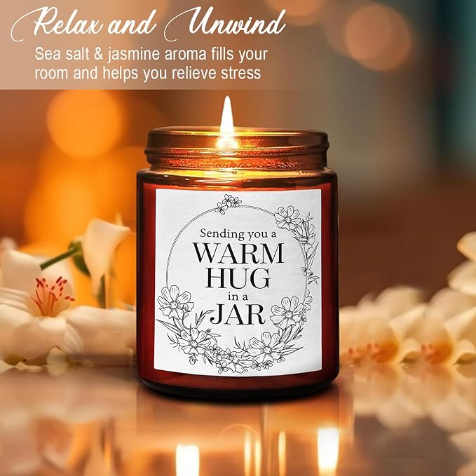 Sending You Warm Hug in a Jar Candle - Friendship Gifts for Women Men Best Friend - Relaxing Gift for Her Him - Natural Soy Candle for Home - Sea Salt Jasmine Scented Candles for Stress Relief