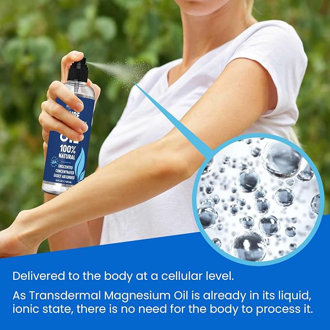 Pure Magnesium Oil Spray 12oz - Topical Magnesium Spray for Sleep & Feet - Extra Strength - USP Grade - 100% Natural and Organic Oil for Muscle Pain & Cramps - Less Sting - Less Itch - Made in USA