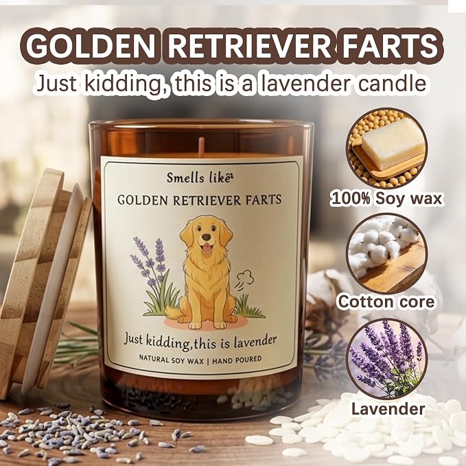 Golden Retriever Gifts & Decor - Scented Candle for Dog Lovers Dog Mom Dad Gift | Smells Like Golden Retriever Farts Candle| Crafted by Natural Soy Wax Lavender Scented Candle Gift for Women Birthday