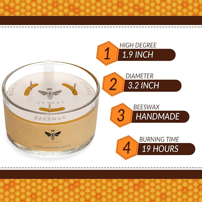DEYBBY Beeswax Jar Candle - 3 Wick Beeswax Candle Gift - Handpour Candle with Natural Scent for Home Decor Bath Relaxation Houusewarming Gift