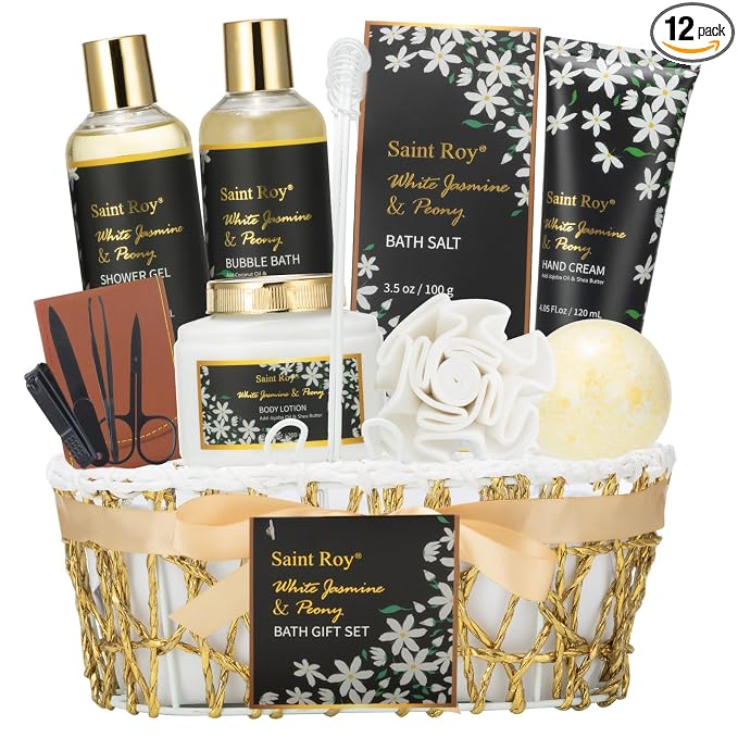 Spa Bath & Body Gifts for Women, Jasmine Peony Spa Gift Basket Self Care | Beauty Care Kit Relaxation Bath Gift, Skin Care Pamper Kit, Bath & Body Care Set, Birthday, Christmas, Anniversary