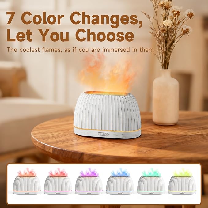 SOULORIGIN Essential Oil Diffuser, Flame Effect Aromatherapy Diffuser with 7-Color LED Lights & Auto Shut-Off, Ultrasonic Diffusers for Home, 120ml Samll Scent Diffuser for Essential Oils - White