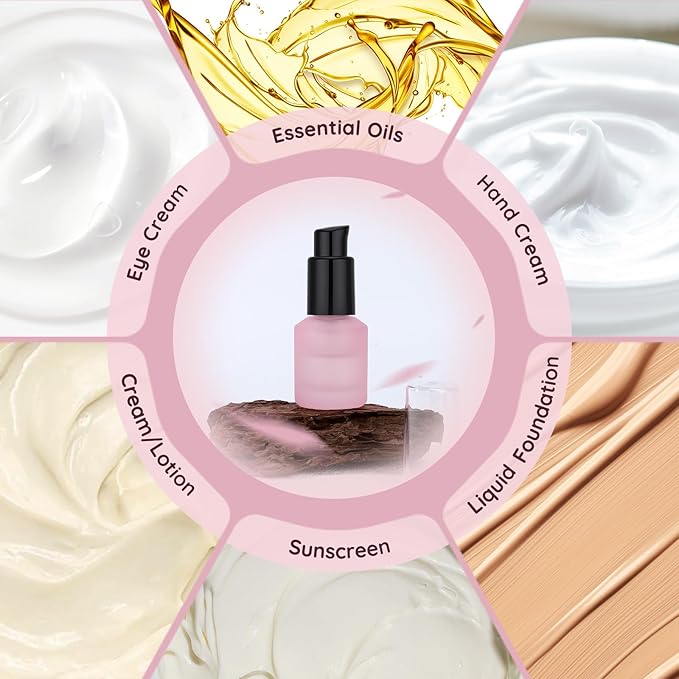 Segbeauty 0.5oz Frosted Glass Lotion Pump Bottles, 3pcs Refillable Travel Size Containers for Lotions, 15ml Pink Glass Small Travel Containers for Creams, Mini Hair Oil Bottle Pump Dispenser Empty