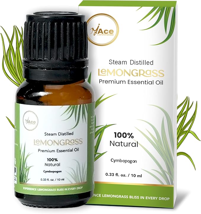 My ACE Lemongrass Essential Oil 0.33 Fl Oz - Pure & Natural - Premium Grade for Aromatherapy, Diffuser, Skin, Hair, Massage, Candle & Soap Making, Home - Glass Bottle with Dropper - Long Lasting Scent