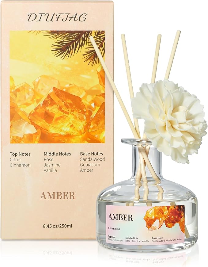 8.45 oz Amber Scent Diffusers with 6 Reed Sticks,250ml Reed Diffuser for Bathroom Room Air Freshener, Last up for 50 Days