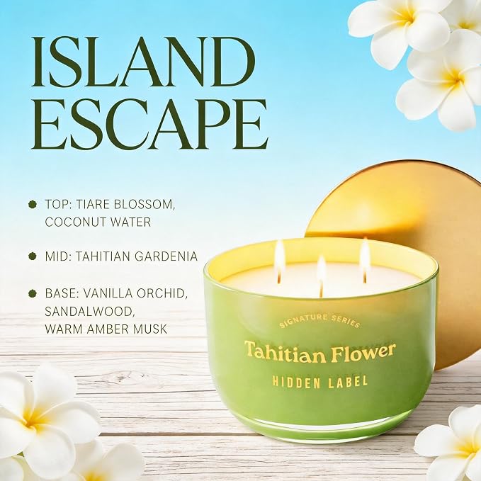 Hidden Label Tahitian Flower Scented Candles, 3 Wick Aromatherapy Soy Candle, 18oz/70-Hour Burn, Non Toxic Natural Green Candle, Luxury Home Scent & Décor Gift for Women and Men