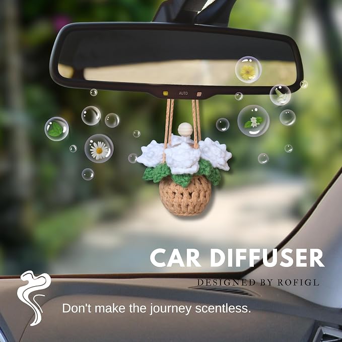 ROFIGL Handmade Crochet Hanging Car Air Freshener - Pure Elegant White Rose Design, 12ml Refillable Thick Glass Bottle, Car Diffuser for Rearview Mirror, Home & Office Minimalist Decor